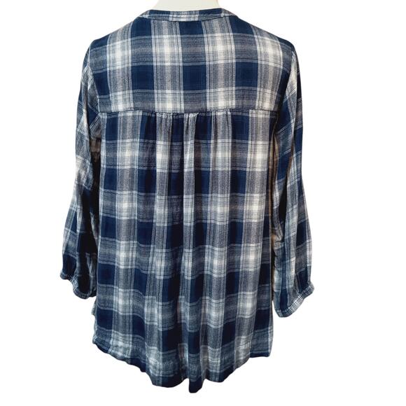 WRANGLER Boho Peasant Top Blouse Flowy Small Plaid Yoke Crochet Blue Casual - Picture 4 of 8